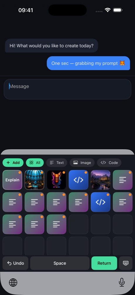 The PromptFox keyboard: an Add button, the filter chips All, Text, Image and Code, a six-column grid of picture, code and text pads, and an Undo, Space and Return row.
