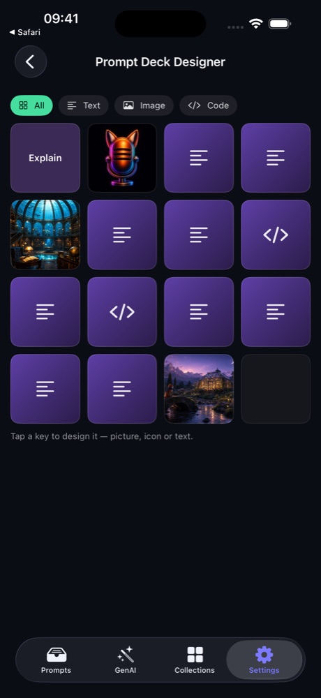 Prompt Deck Designer screen: a four-column grid of key faces — a picture, icon or text on each, one slot still empty — and the hint “Tap a key to design it — picture, icon or text.”