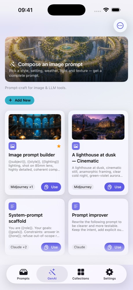 GenAI tab: a “Compose an image prompt” banner above prompt cards — “Image prompt builder” and “A lighthouse at dusk — Cinematic” tagged Midjourney, “System-prompt scaffold” and “Prompt improver” tagged Claude — each with a Use button.