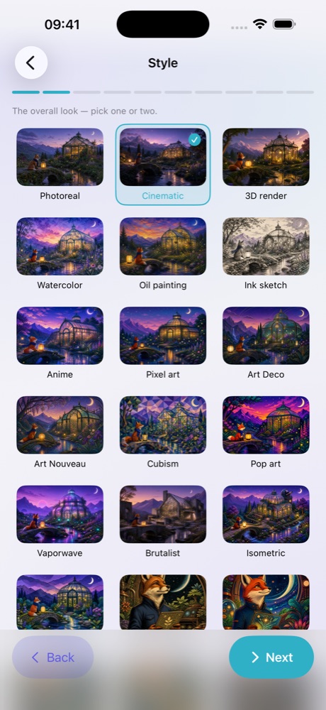 Composer “Style” step: illustrated tiles such as Photoreal, Cinematic, 3D render, Watercolor, Oil painting and Ink sketch, with Cinematic selected.