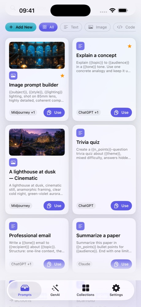 Library screen: the filter row and the first prompt cards, Image prompt builder and Explain a concept, each tagged with its target tool.