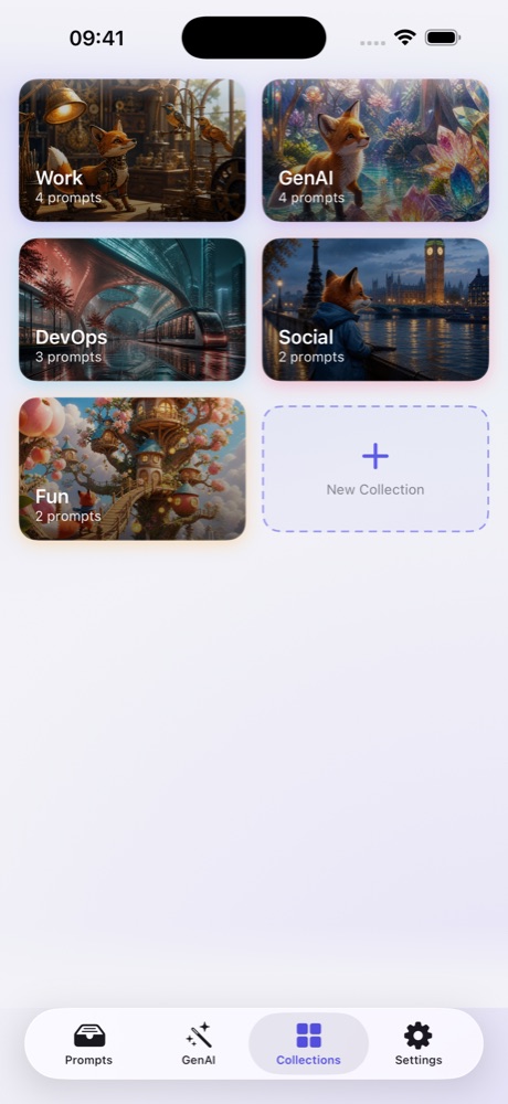 Collections screen: picture tiles named Work, GenAI, DevOps, Social and Fun with prompt counts, and a New Collection tile.