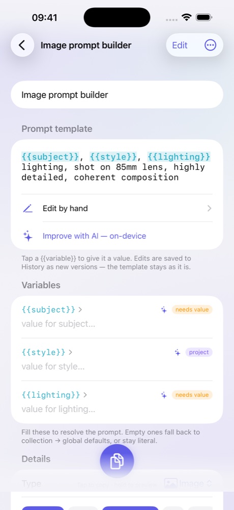 The same prompt's Variables list: subject, style and lighting, each with a field for its value, and the hint that empty ones fall back to collection and global defaults.